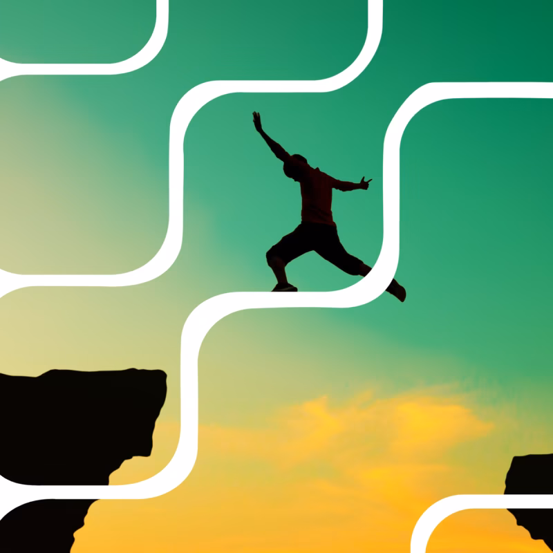 Silhouette of a person jumping between cliffs symbolising transition from ITIL 4 to ITIL 5